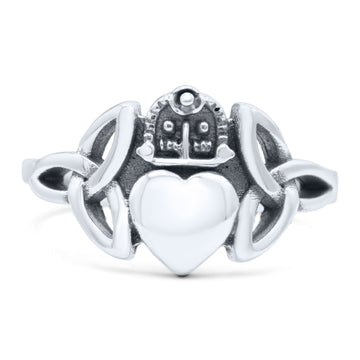 Traditional Irish Claddagh Triquetra Celtic Knot Statement With Heart Design Oxidized Band Thumb Ring